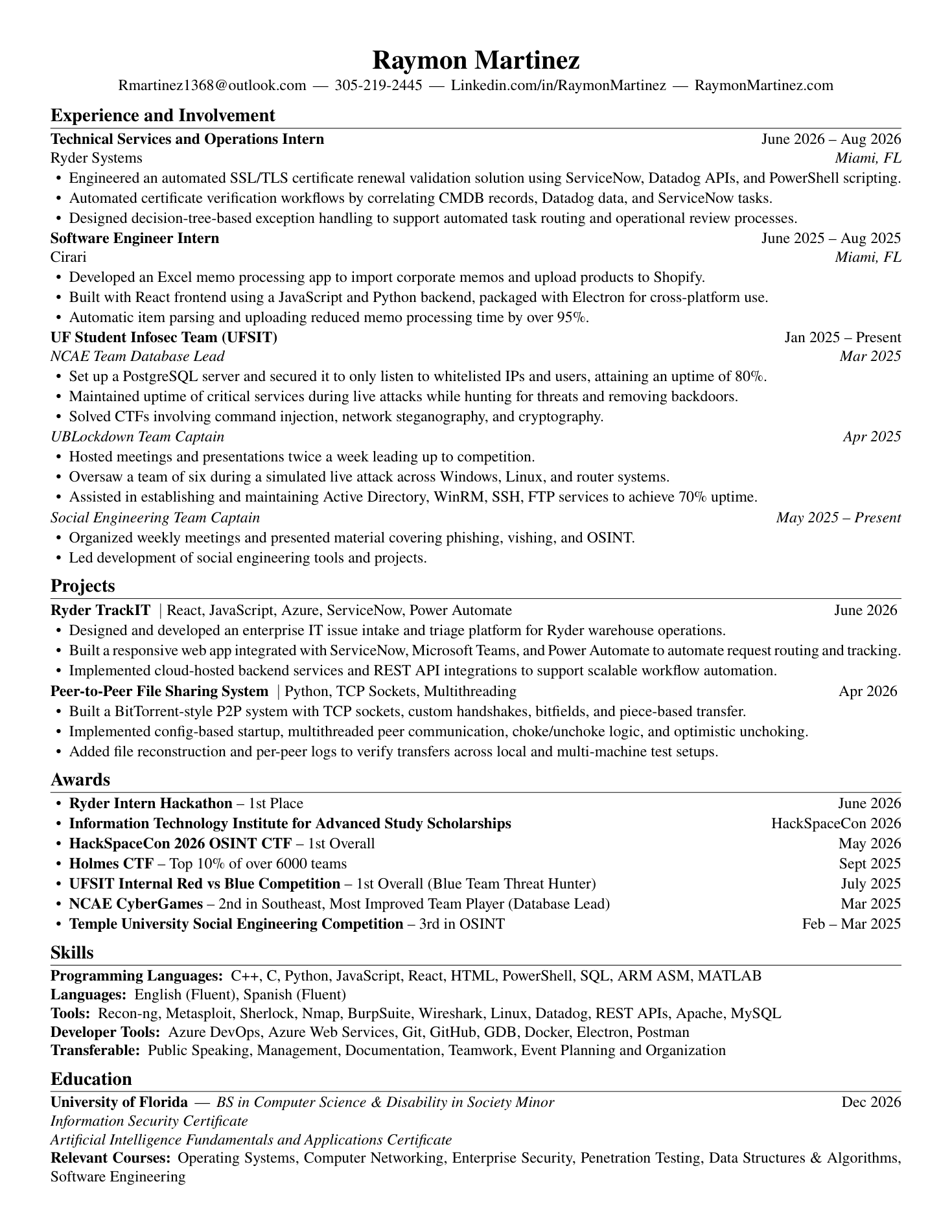 Preview of Raymon Martinez's one-page résumé